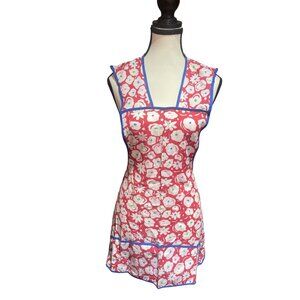 Vintage Floral Apron Pink & White With Blue Trim Ties At Back Retro Kitchen Wear
